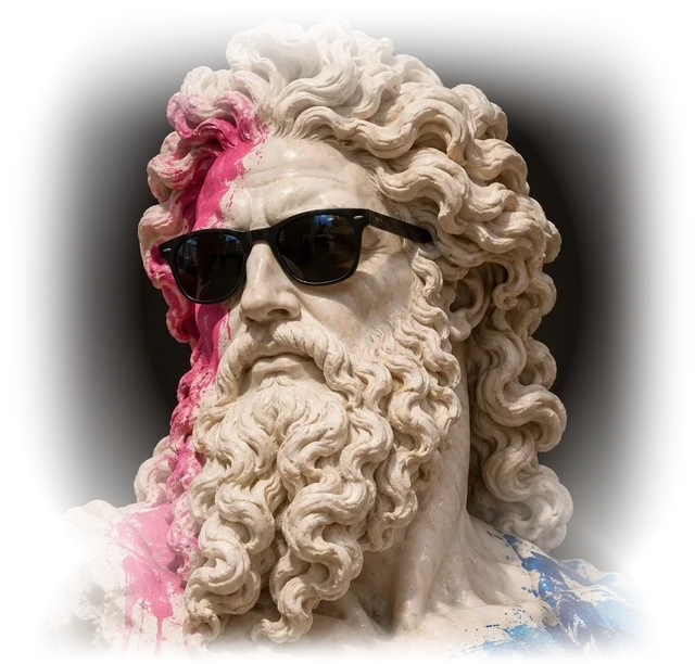 ΜΥΘΟΣ, our statue: a marble Greek bust in black sunglasses, splashed with pink and blue paint